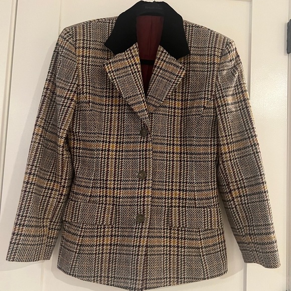 Vintage Tweed Blazer Womens 38 Red Brown Houndstooth Corpcore Wool Suit Jacket - Picture 1 of 9